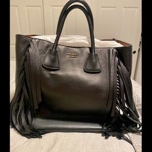 AUTHENTIC PRADA Cervo Fringe Tote Bag, Black.